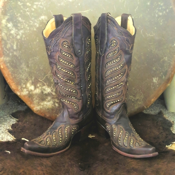 CORRAL C2878 brown leather & gold studded snip toe cowgirl western boots… - Picture 9 of 16